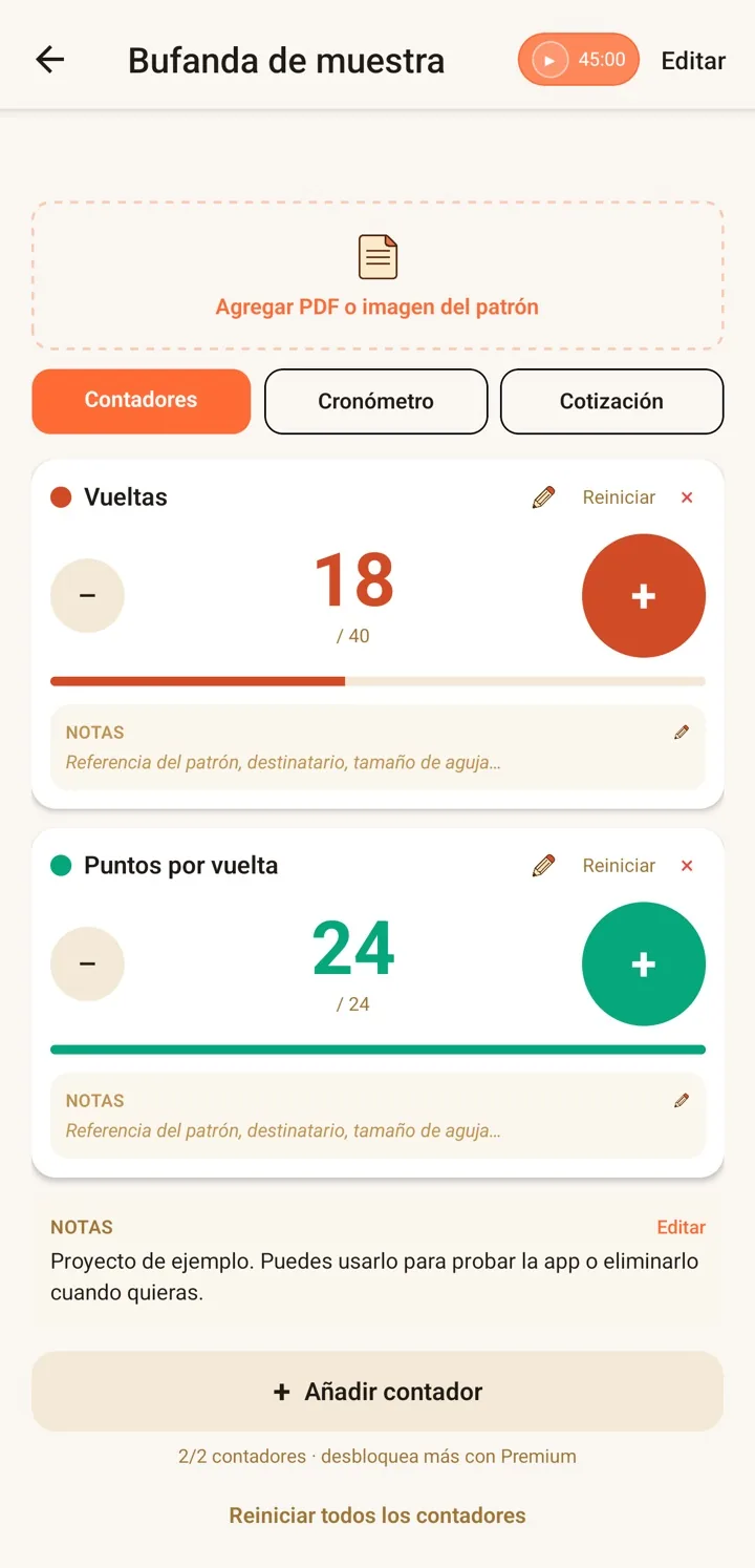 Un proyecto de RoundCraft con dos contadores: vueltas en 18 de 40 y puntos por vuelta en 24 de 24