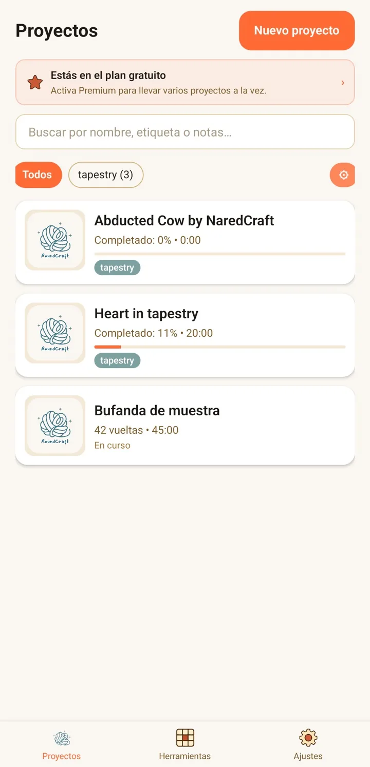 Lista de proyectos en RoundCraft con avance y tiempo de cada uno