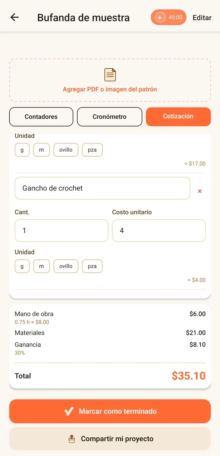 Desglose detallado en RoundCraft con mano de obra, materiales, ganancia y total
