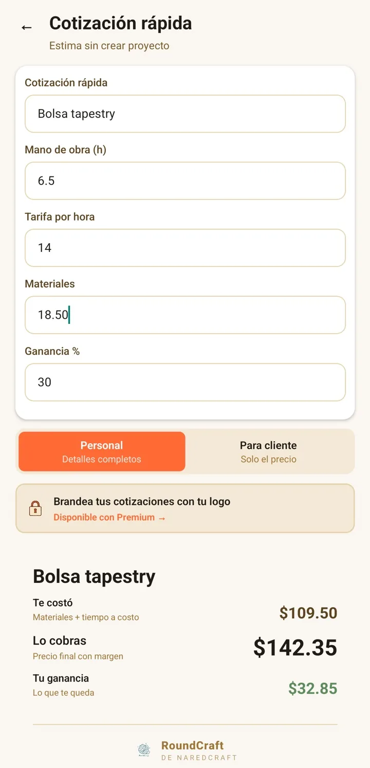 Cotización rápida en RoundCraft: 6.5 horas a 14 por hora más 18.50 de materiales dan un precio de 142.35