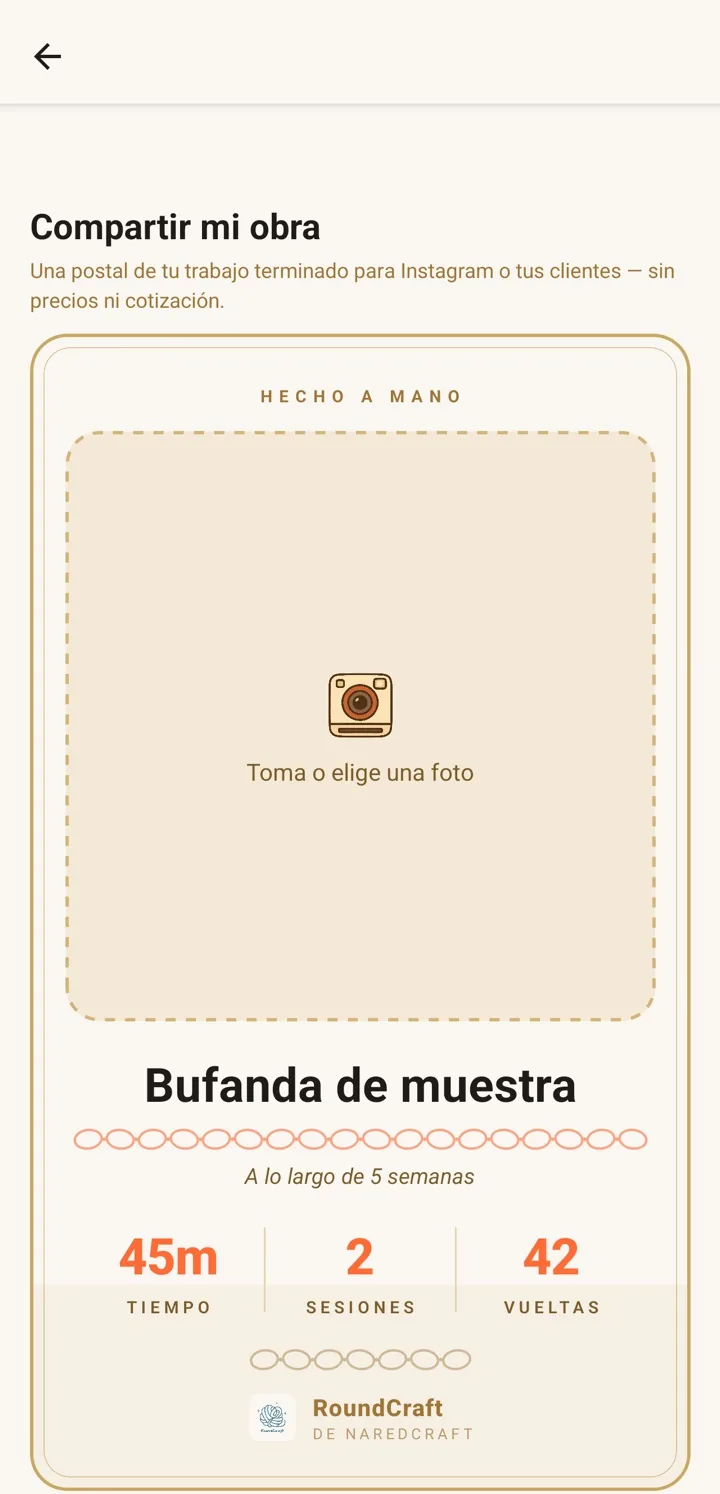 Tarjeta de RoundCraft para Instagram con el nombre del proyecto, 45 minutos, 2 sesiones y 42 vueltas