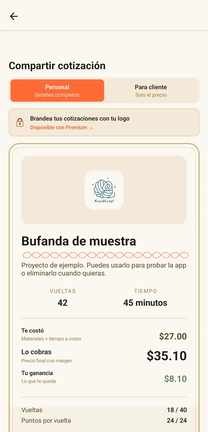 Tarjeta de cotización de RoundCraft con vueltas, tiempo, costo, precio y ganancia para el cliente