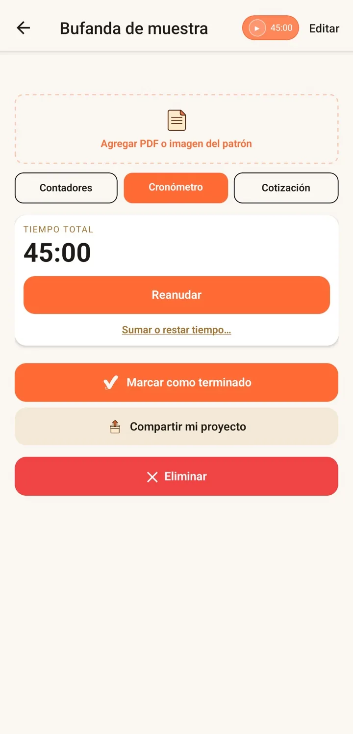 Cronómetro de RoundCraft con 45 minutos de tiempo total en un proyecto y un botón para seguir