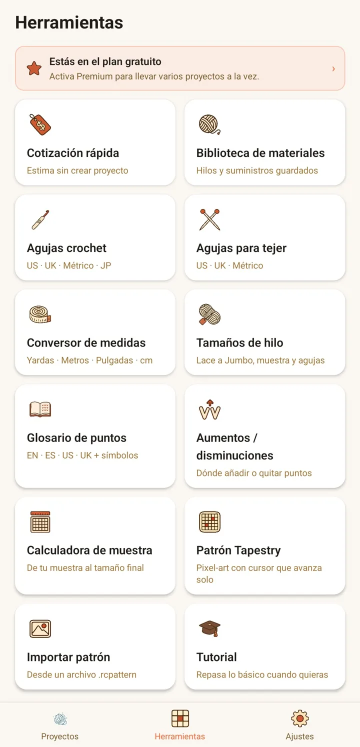 Pantalla de herramientas de RoundCraft con cotización rápida, biblioteca de materiales, medidas de ganchos y agujas, convertidores, glosario de puntos y patrones de tapestry