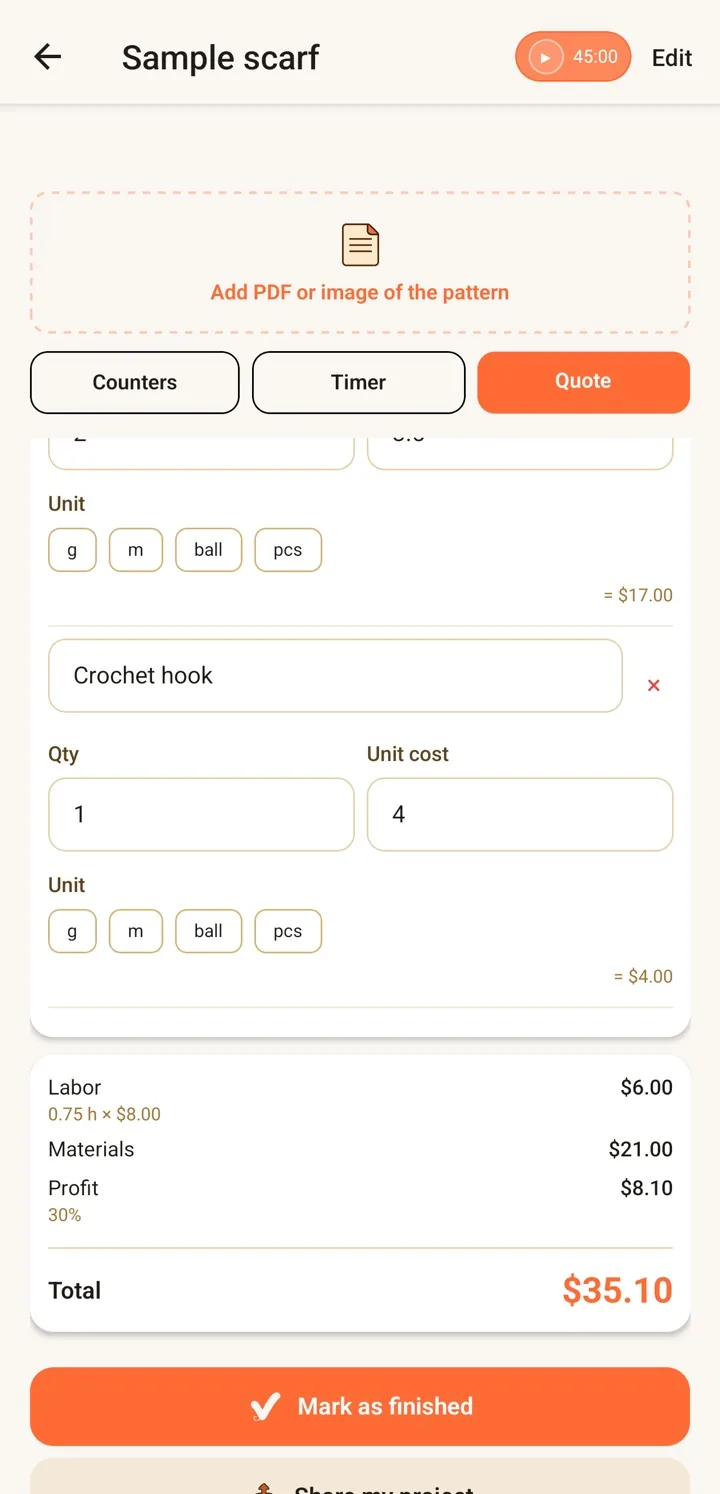 Detailed quote breakdown in RoundCraft showing labor, materials, profit and total