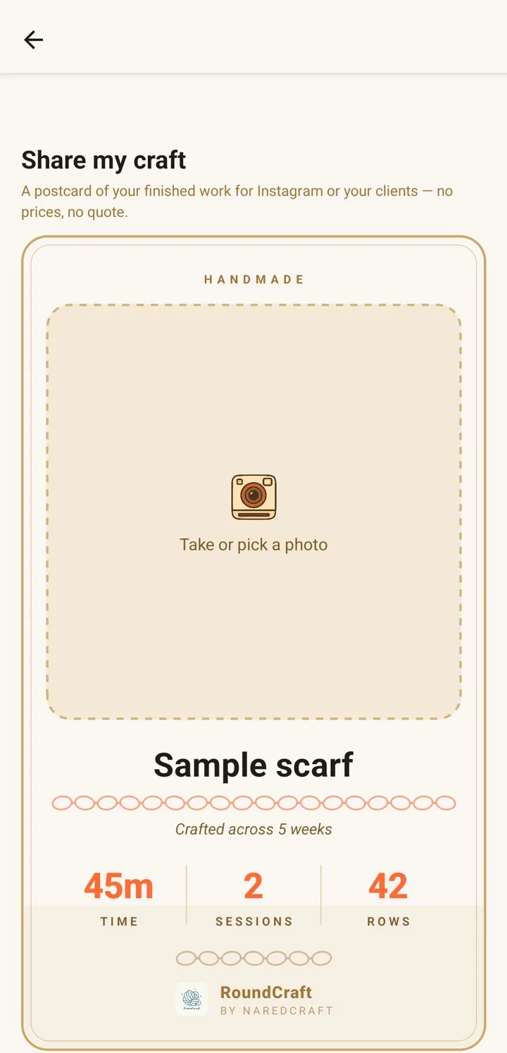 RoundCraft craft card for Instagram showing project name, 45 minutes, 2 sessions and 42 rows