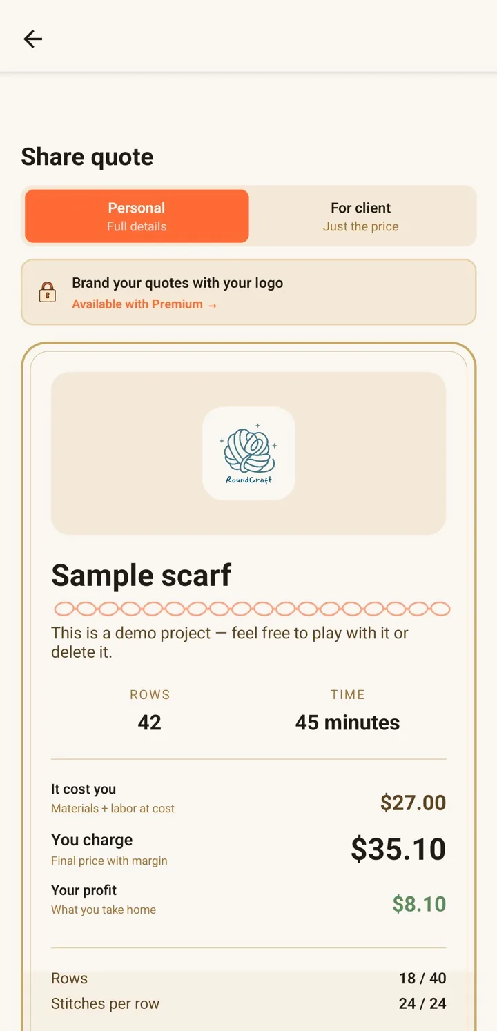RoundCraft quote card showing rows, time, cost, price and profit for a client
