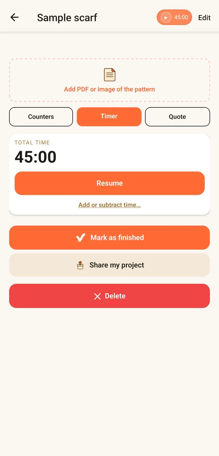 RoundCraft timer showing 45 minutes of total time on a project, with a resume button