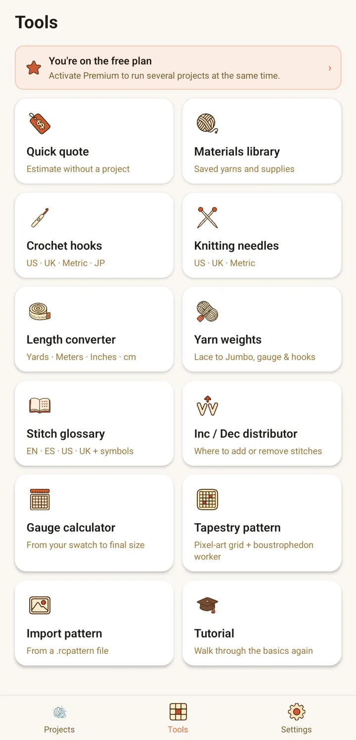 The RoundCraft tools screen with quick quote, materials library, hook and needle sizes, converters, stitch glossary and tapestry patterns
